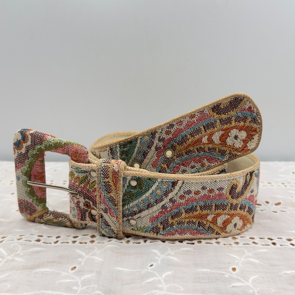 Two Blondes Paisley Tapestry Belt Multicolor Woven Vintage M Made in USA Boho